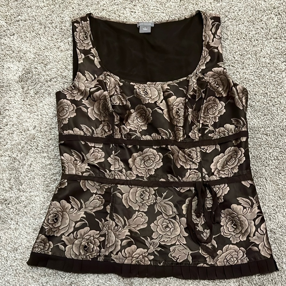 EUC ANN TAYLOR 100% Silk corset brown‎ floral sleeveless top 6 S whimsigoth boho